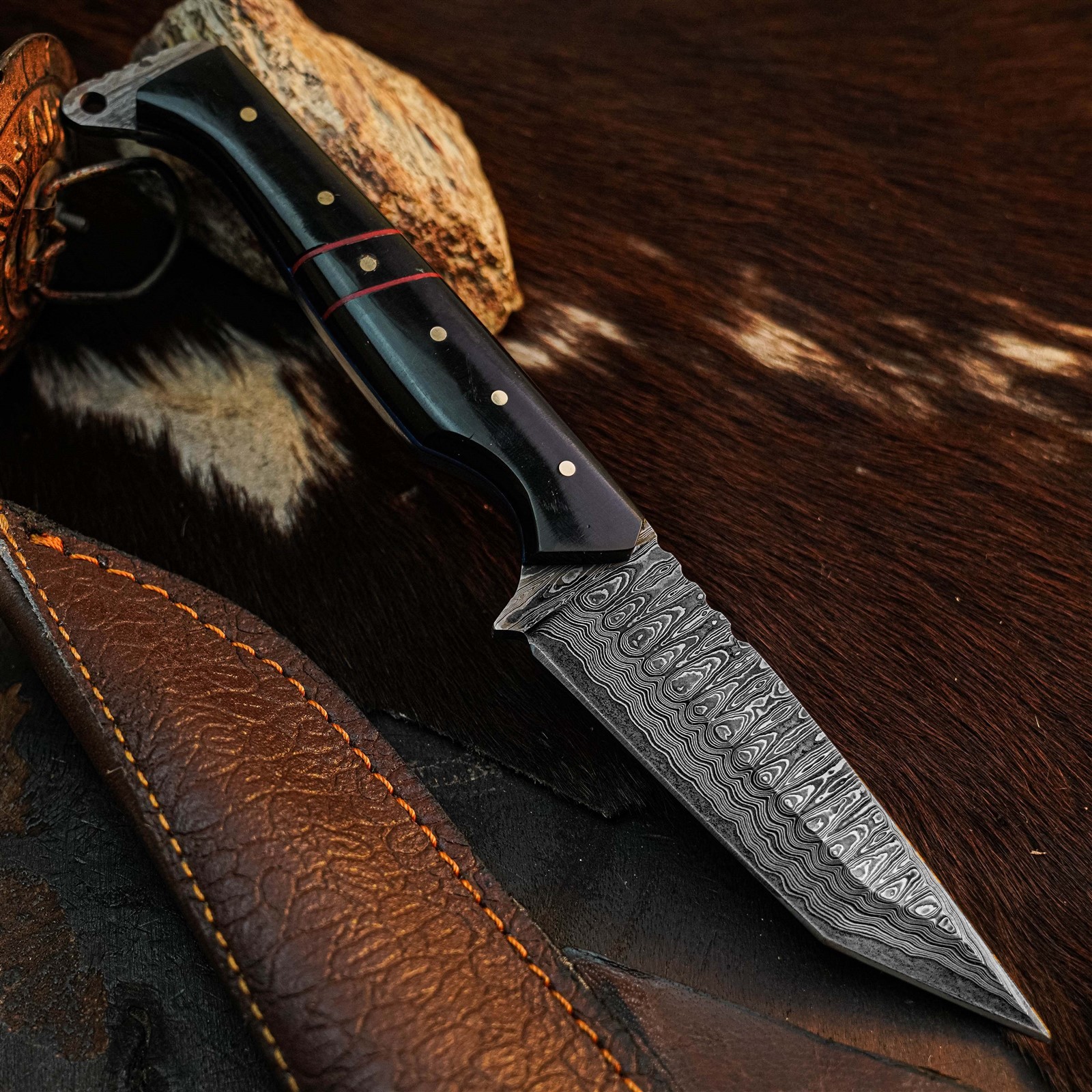 9.0″ Damascus Hunting Knife Full Tang Wood Handle Fix Blade + Sheath