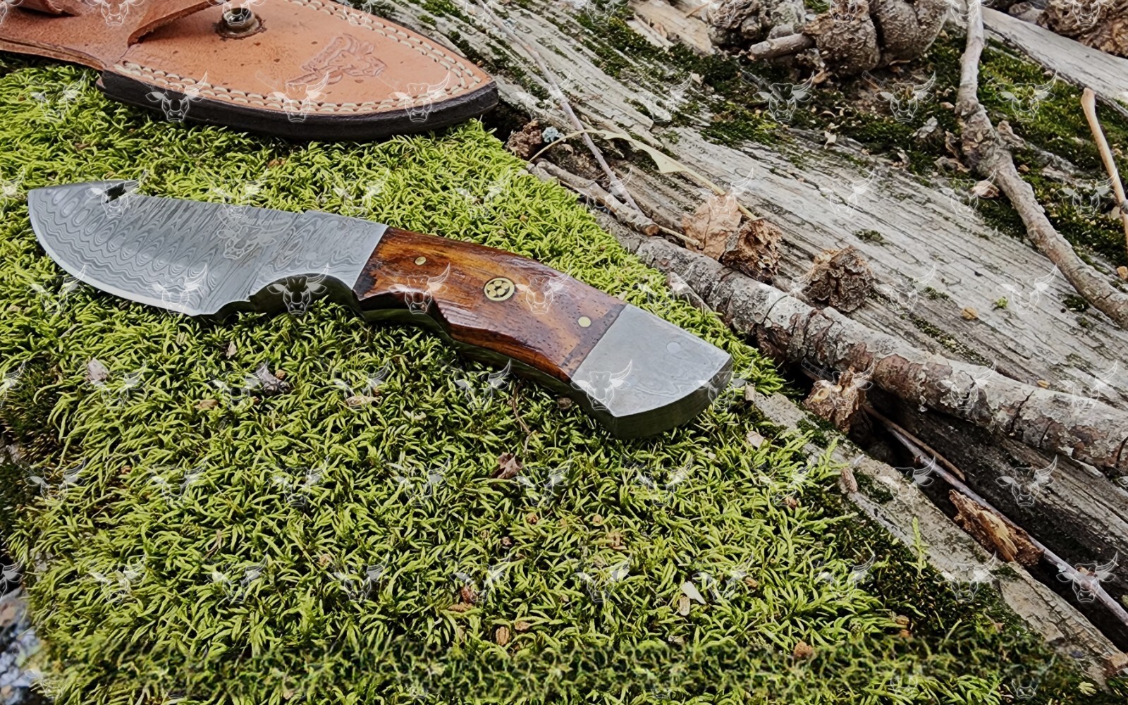hand carved Damascus Steel Bowie Hunting Knife Rose Wood Handle W/ Sheath gift