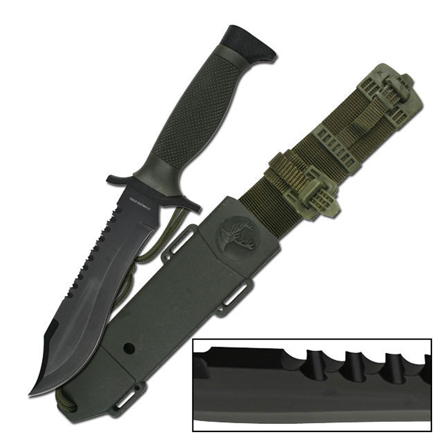 12″ Survivor Fixed Blade Knife-Rubber Handle and Molded Sheath with Belt Loop