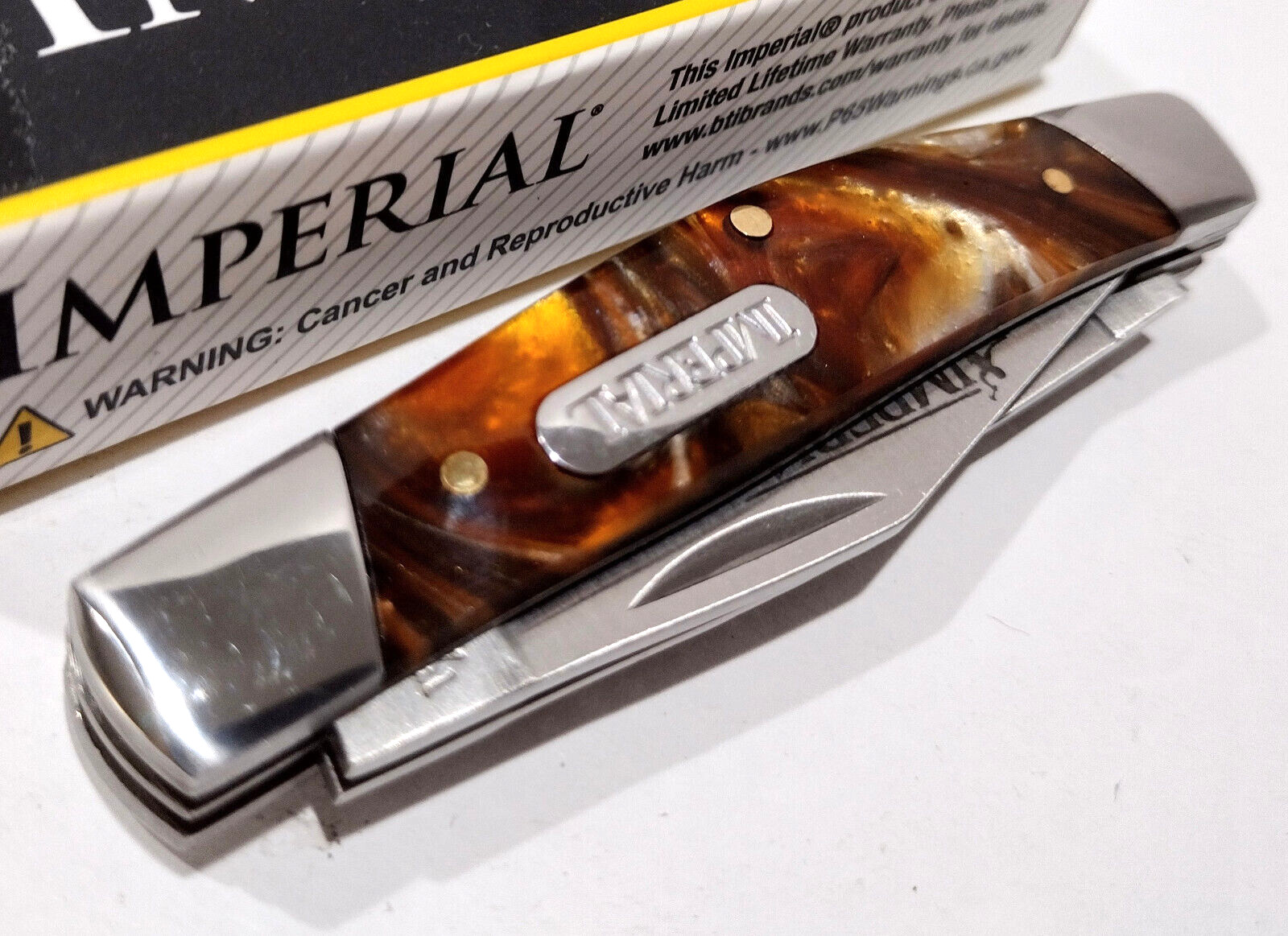 Imperial Schrade Amber Celluloid Small 3 Blade Stockman Folding Pocket Knife