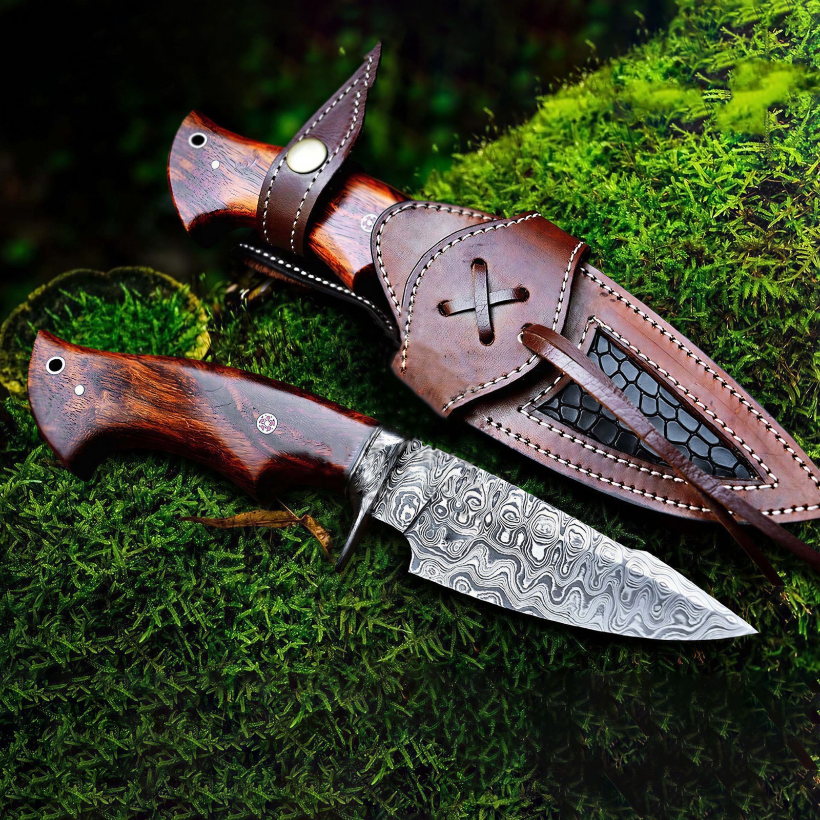Damascus Steel Bobcat Hunting Knife, Handmade Fixed Blade Camping Outdoor Knife