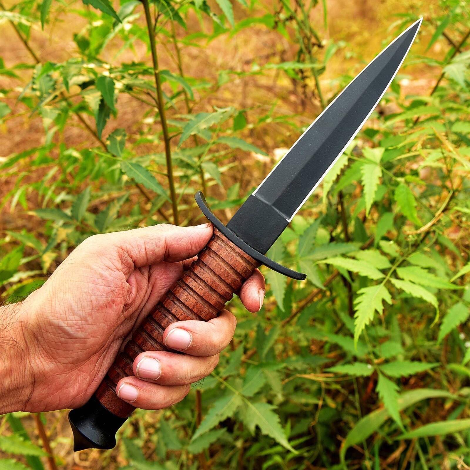 Vintage Handmade Double-Edged V42 Military Stacked Wood Stiletto Dagger Knife