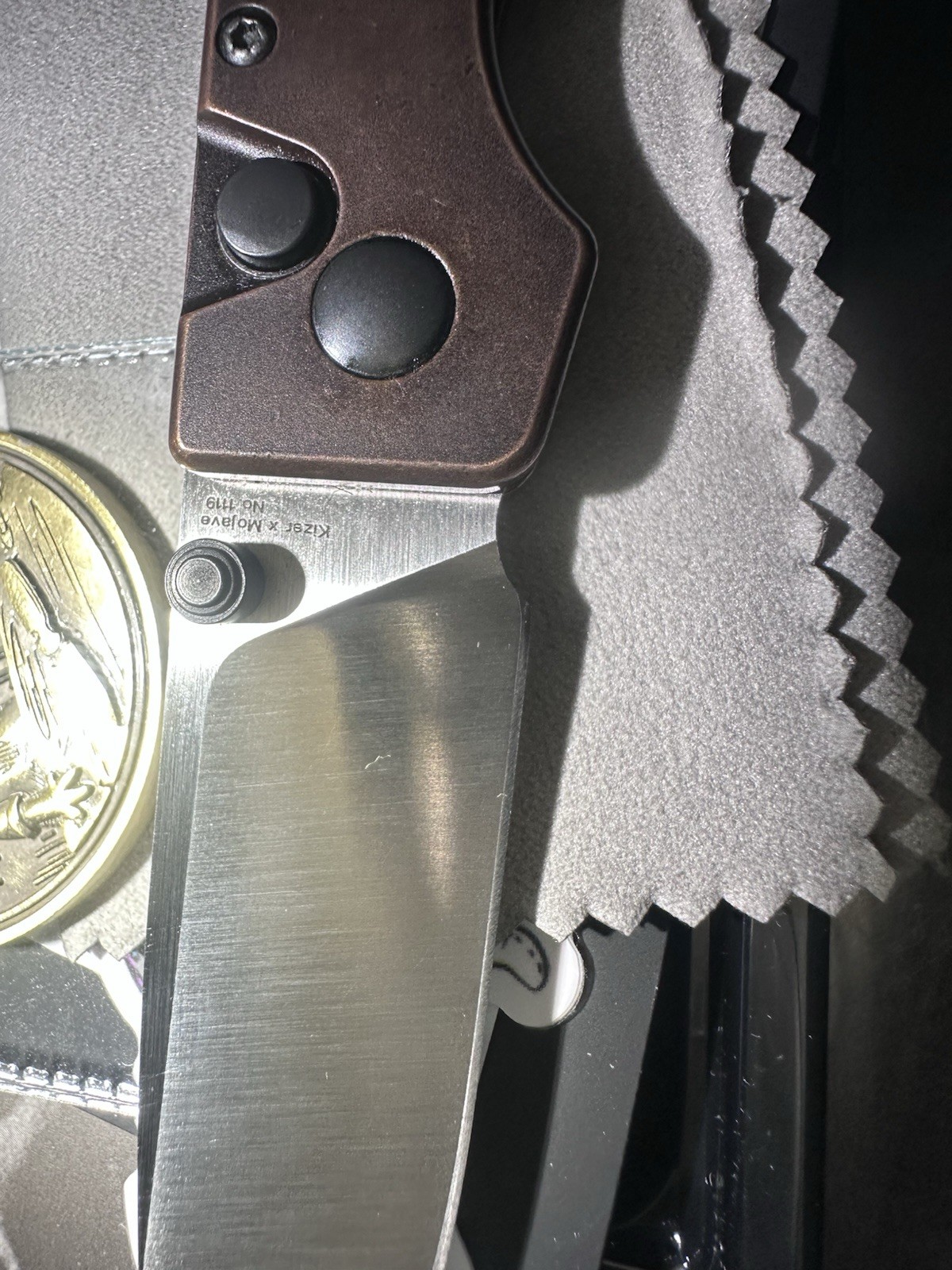 Kizer Original Copper 154CM Satin Blade Copper Handle Button Lock