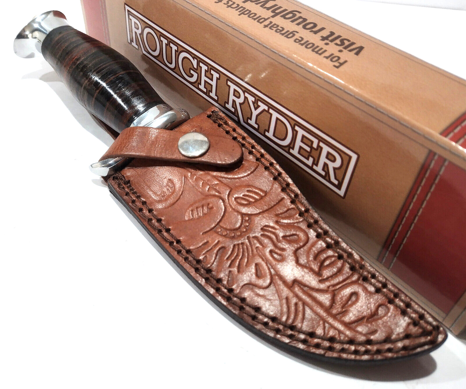 Rough Ryder Stacked Leather Handle Bowie Fixed Blade Skinning Hunting Knife