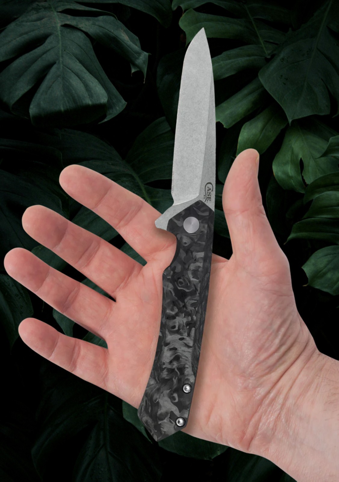 CASE XX 64801 KINZUA FLIPPER KNIFE CPM-S35VN SS BLACK MARBLED CARBON FIBER