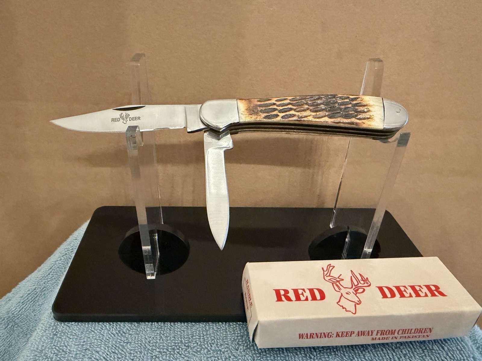Red Deer Stockman Pocket Knife Bone Handle Made In Pakistan NEW OLD STOCK