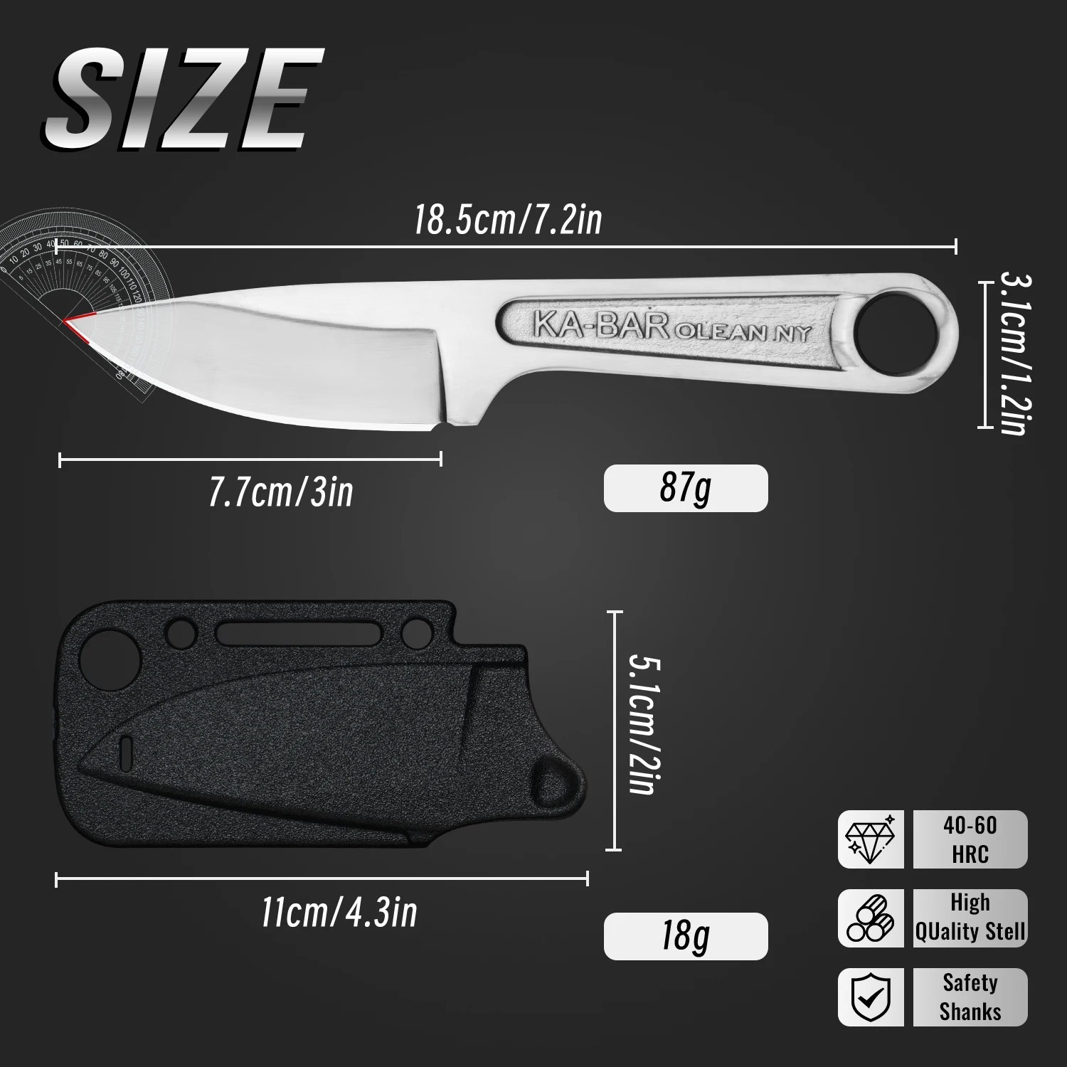 Tactical Full Tang 7.3” High Hardness Fixed Blade Knife with Kydex Sheath