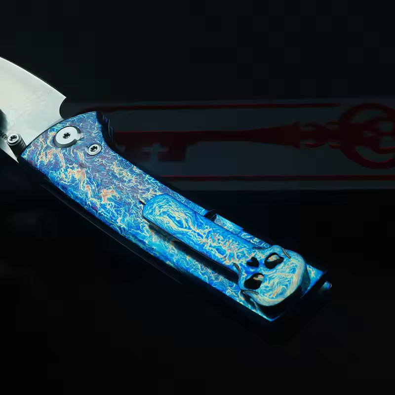 New TC4 Titanium Custom Anodized Blue Flame Pattern Handle Folding Pocket Knife