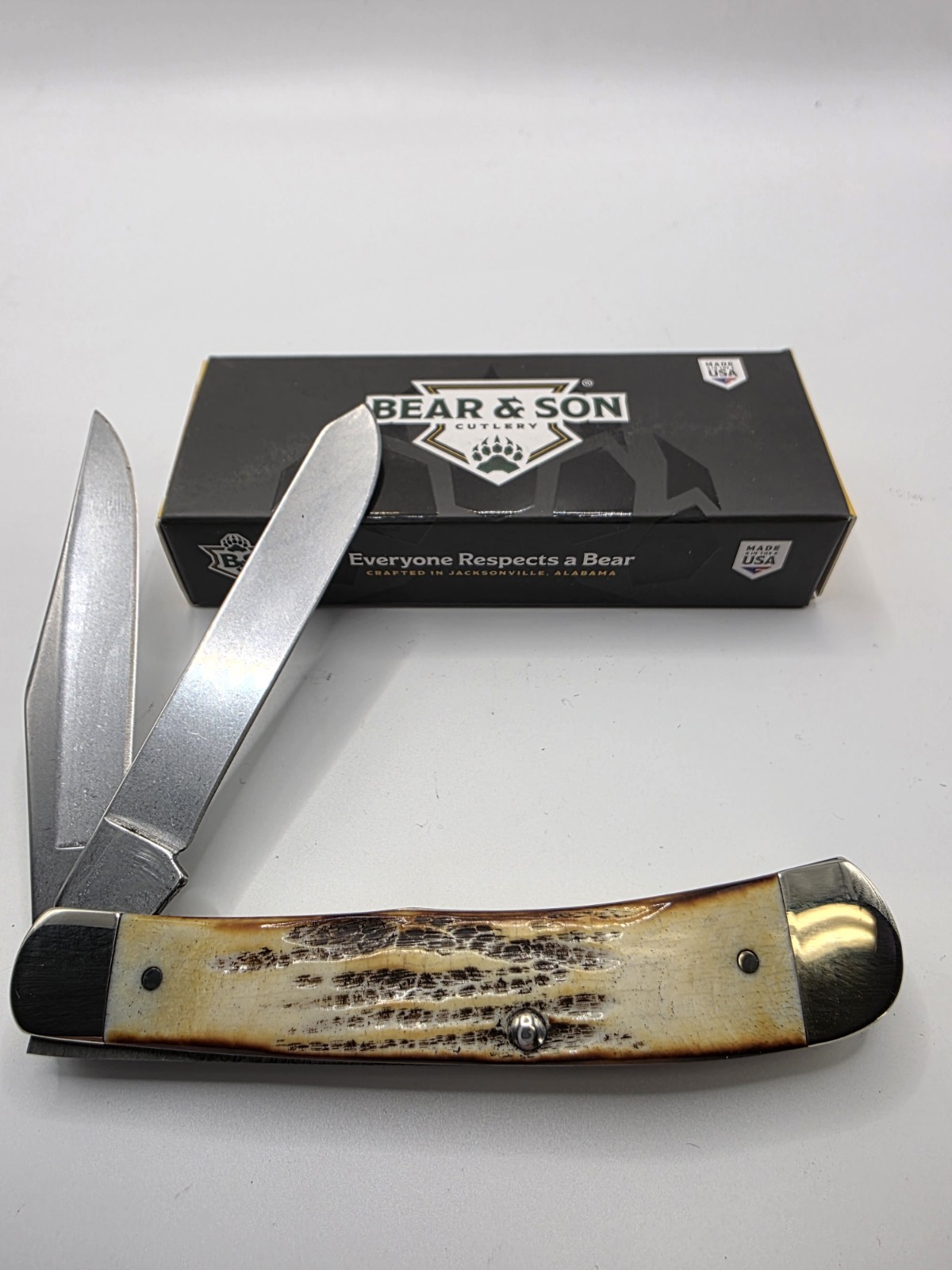 Bear & Son Trapper, India Stag Bone, CS, 4.13 Closed, USA Made