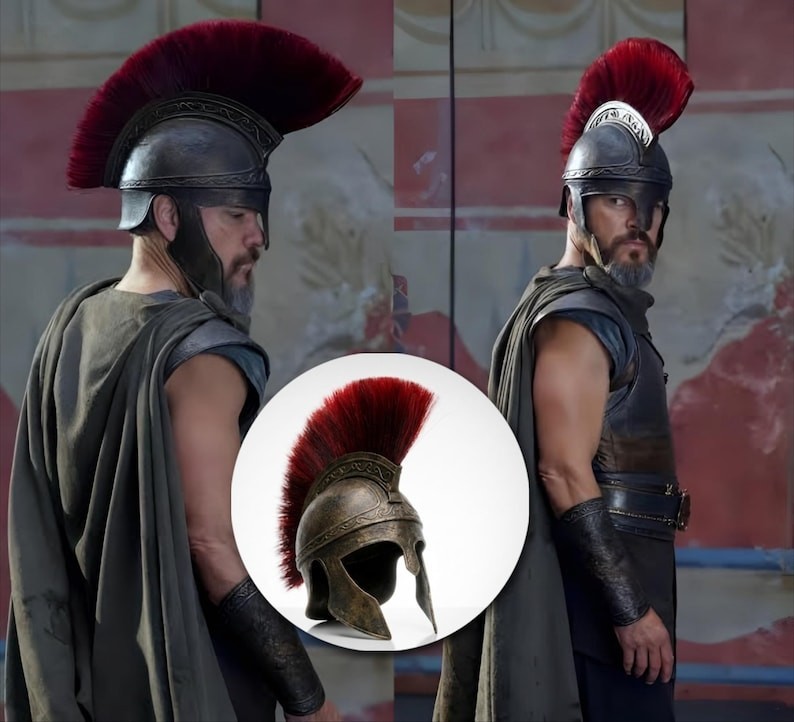 New Odysseus Ancient Greek Spartan Helmet with Red Crest Halloween LARP Costumes