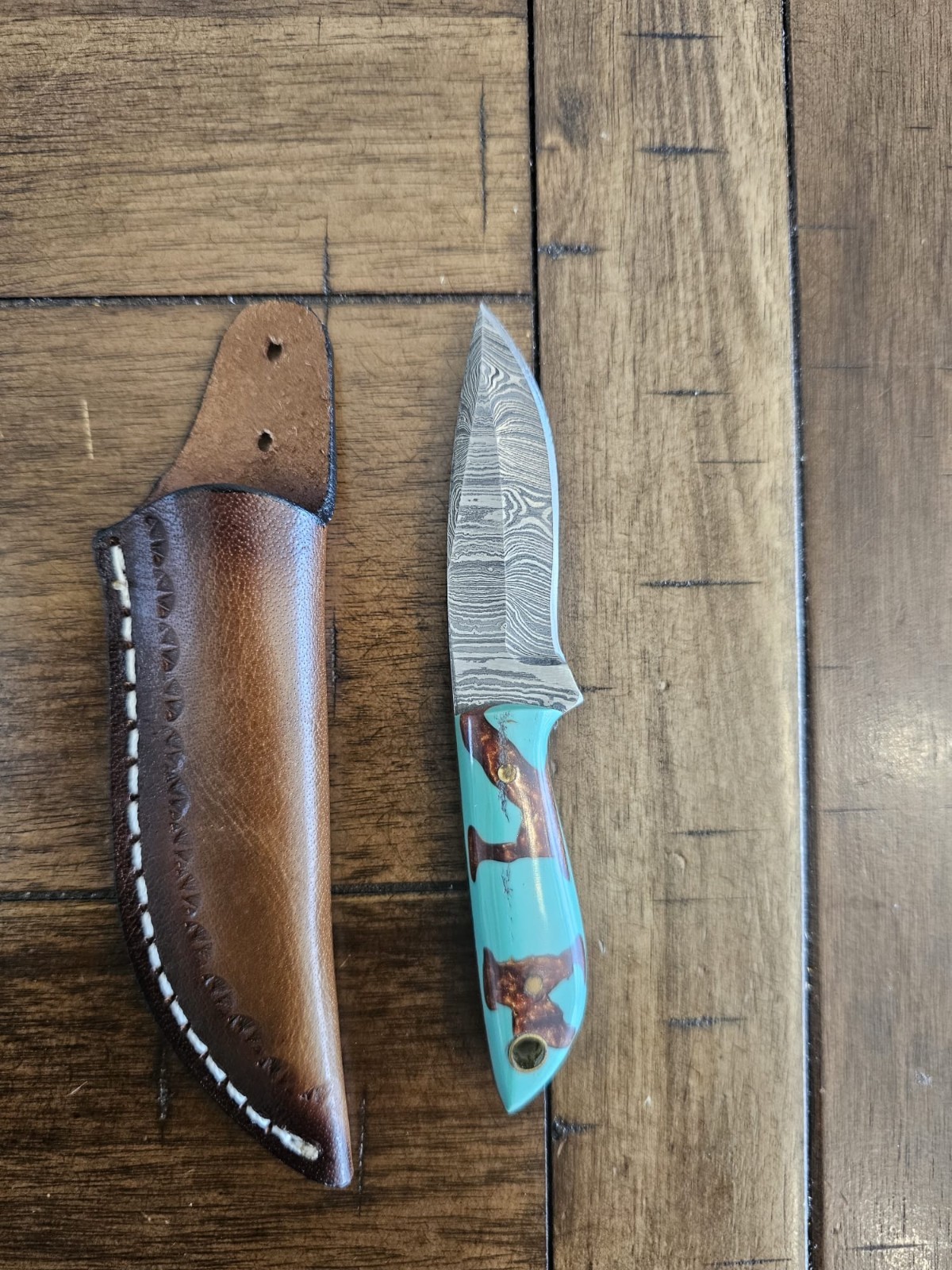 5.5″CUSTOM HANDMADE DAMASCUS HANDLE NECK KNIFE W/LEATHER SHEATH 52