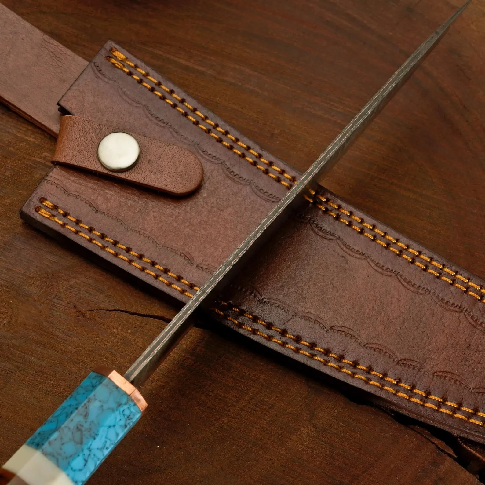 Custom Handmade Damascus Steel Copper San mai Chef knife & Leather Sheath