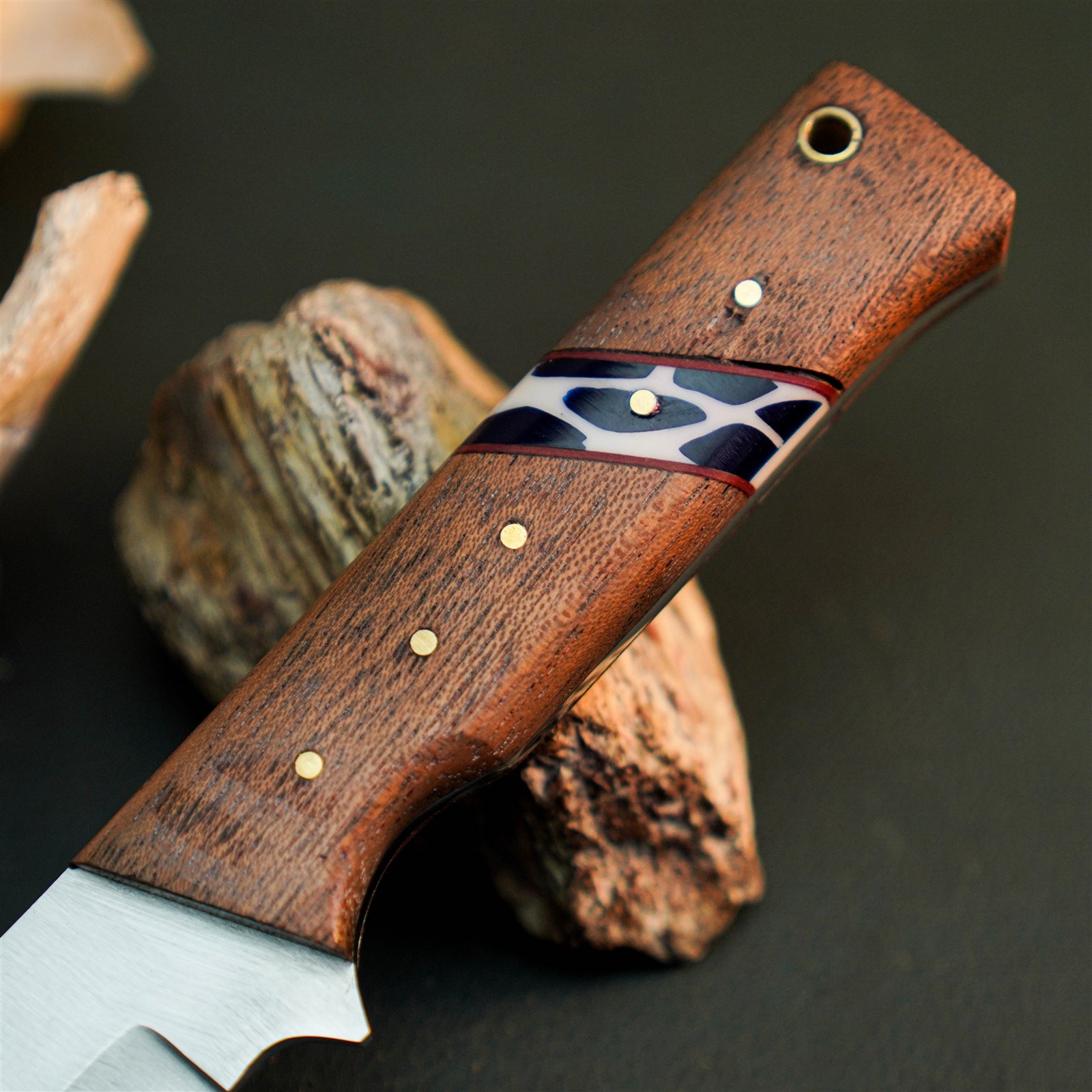 9.0″ Hunting EDC Stainless Knife Handmade Full Tang Wood Handle + Sheath