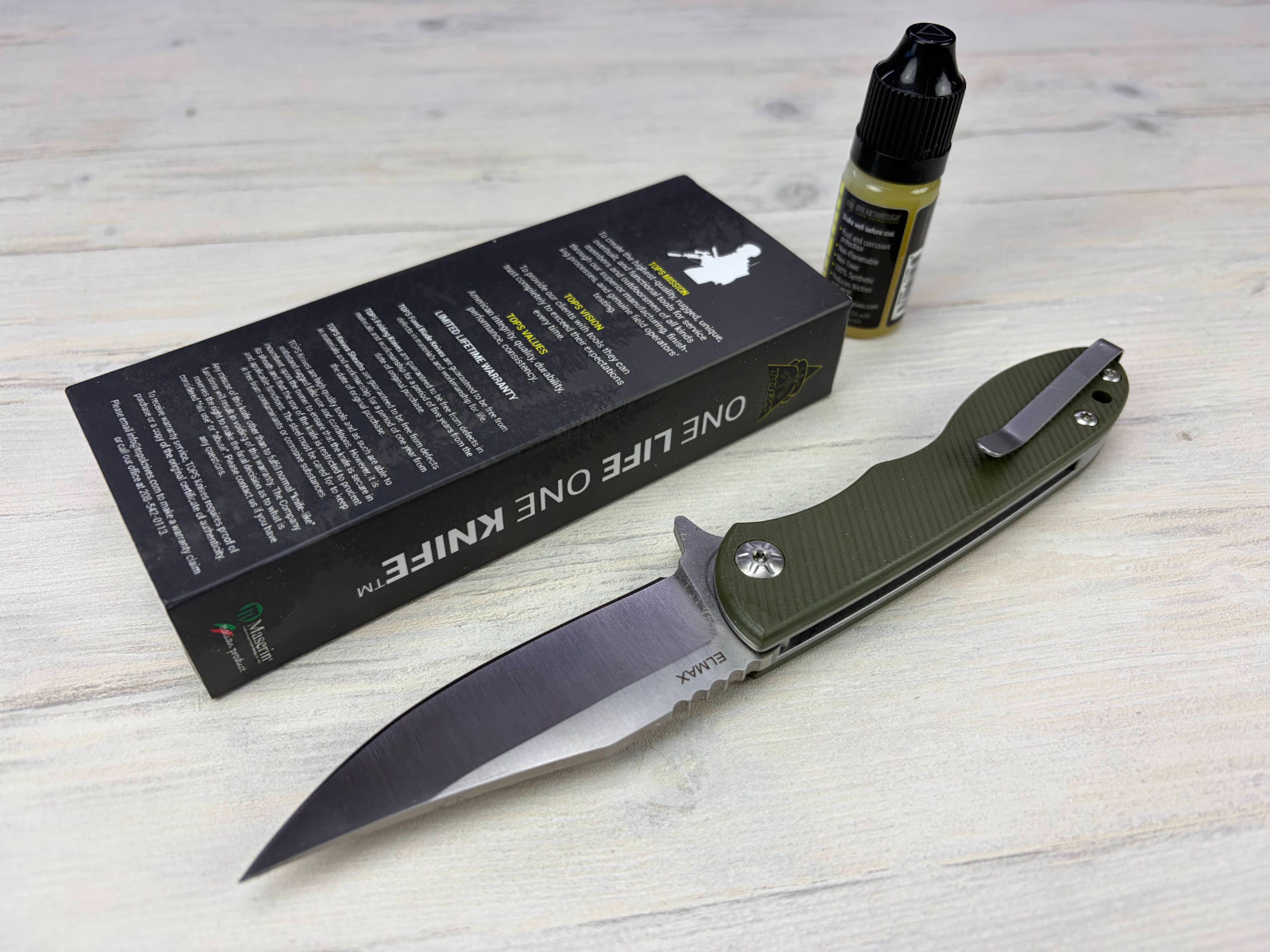 Tops Knives MSF-G Folding Knife – Elmax Steel Blade – Green G10 Handle – Maserin
