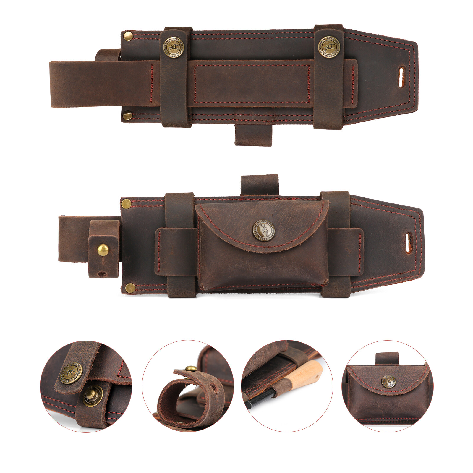 TOURBON Survival Leather Tracker Knife Sheath Horizontal Belt Holster with Pouch
