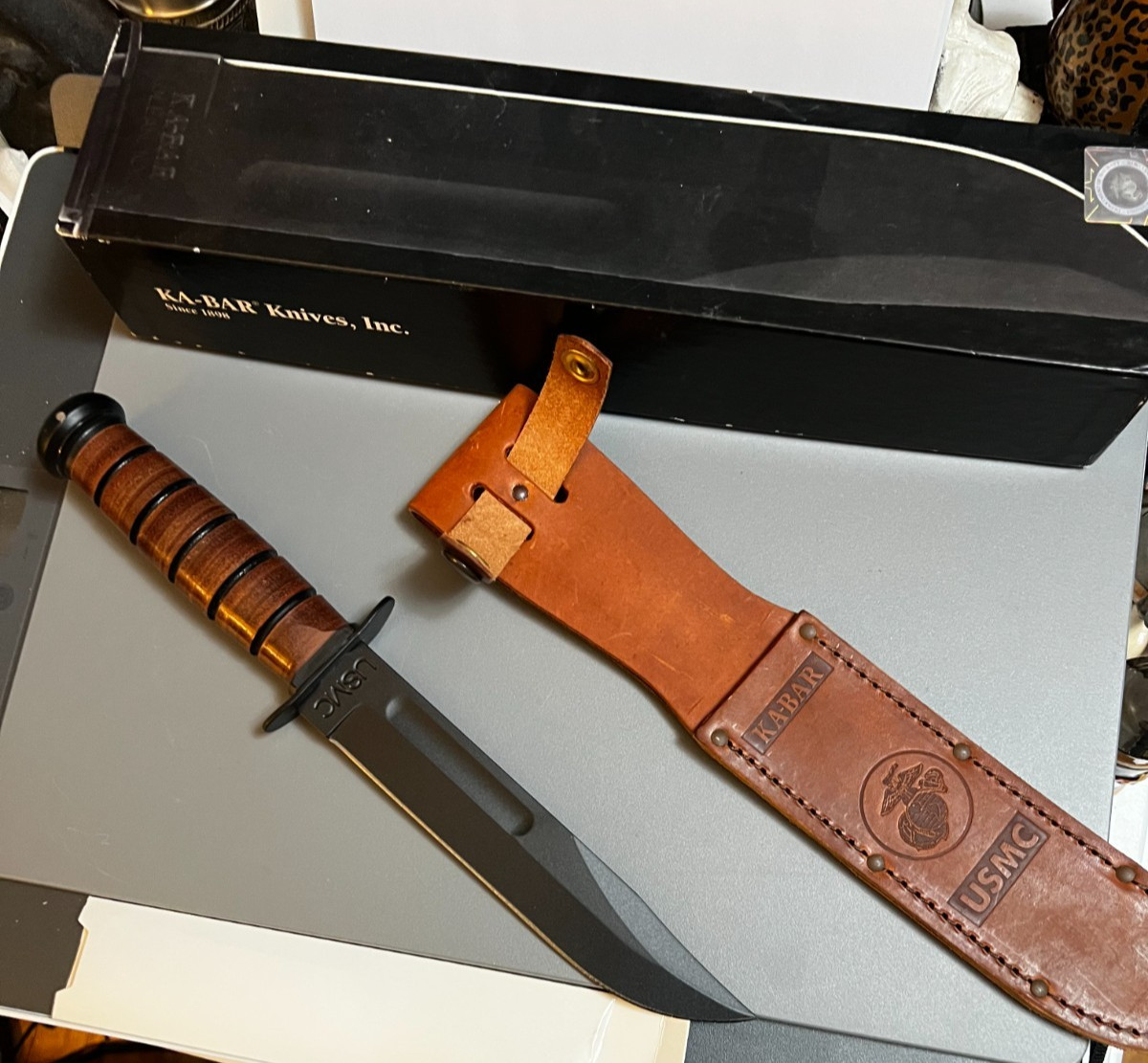 KA-BAR 1217 USMC-Brown-Str fixed blade knife with leather sheath Made in USA