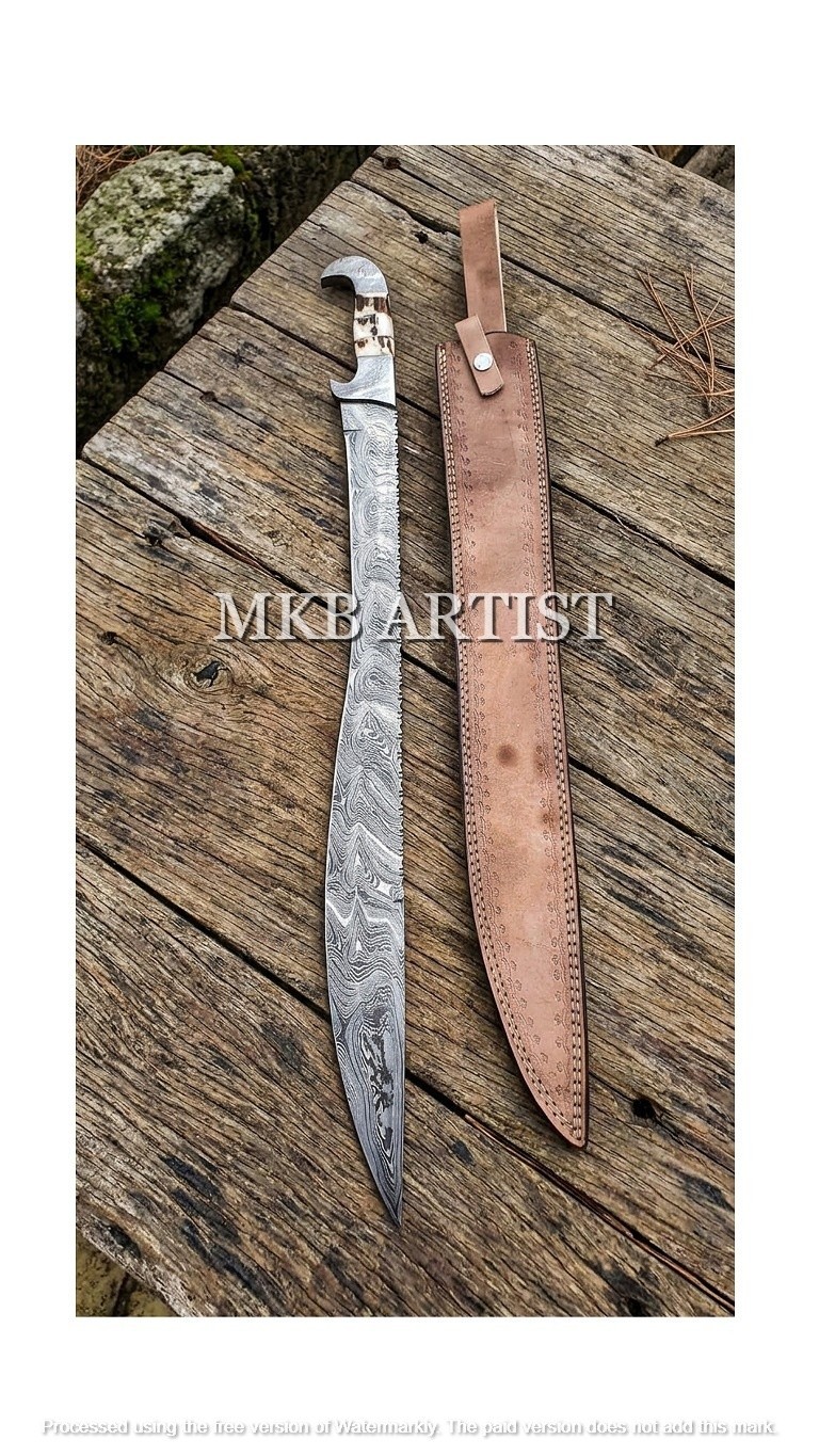 CUSTOM HANDMADE DAMASCUS STEEL SWORD HUNTING PAIR MACHETE BLADES STAG HANDLE