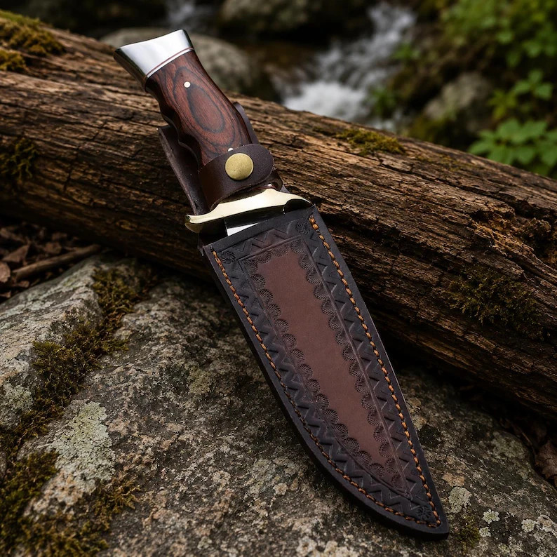 12″ 440C Stainless Steel Hunting Bowie Knife – Wood Handle & Leather Sheath