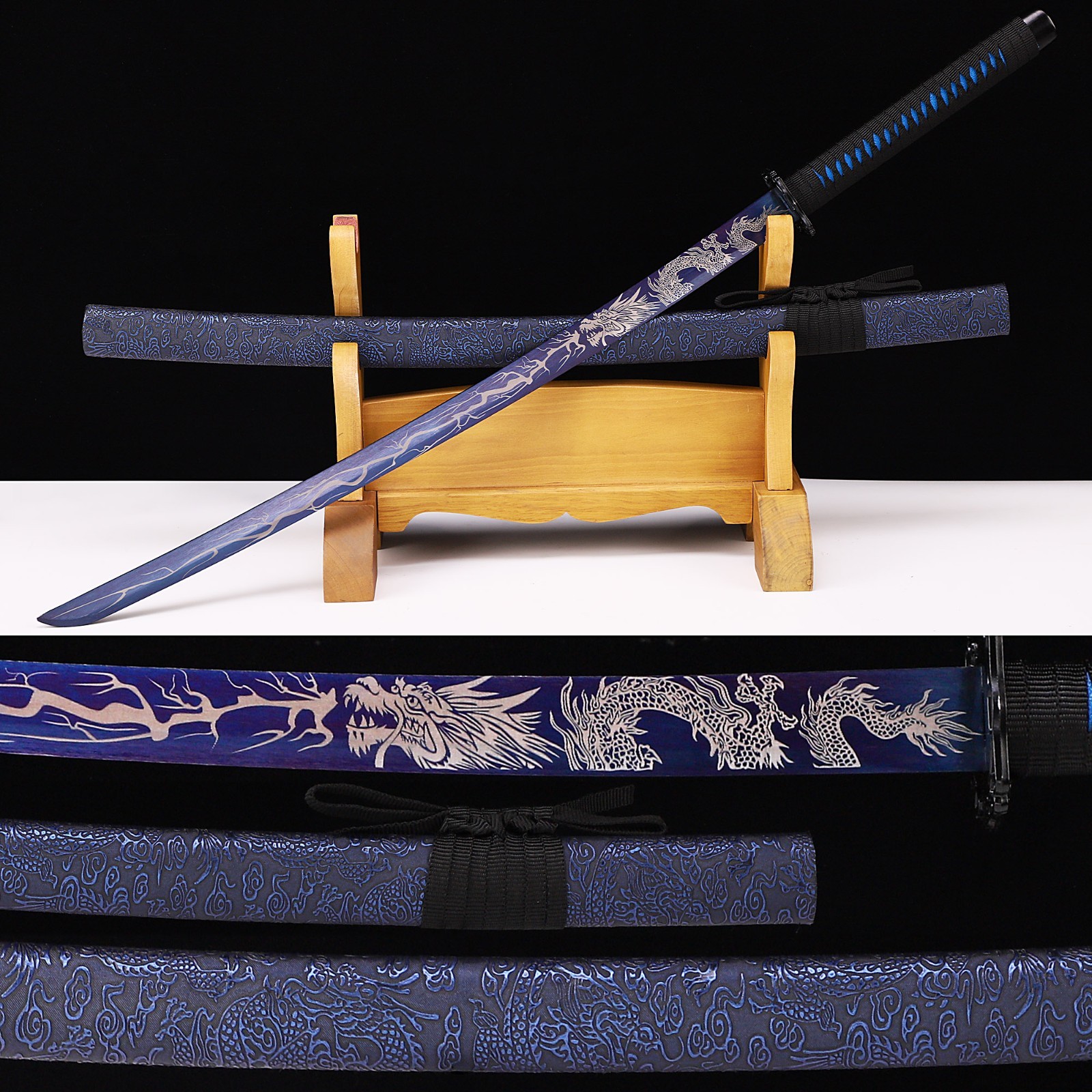 Black Scabbard Dragon Patterned Decorative Samurai Sword, 1095 High Carbon Steel