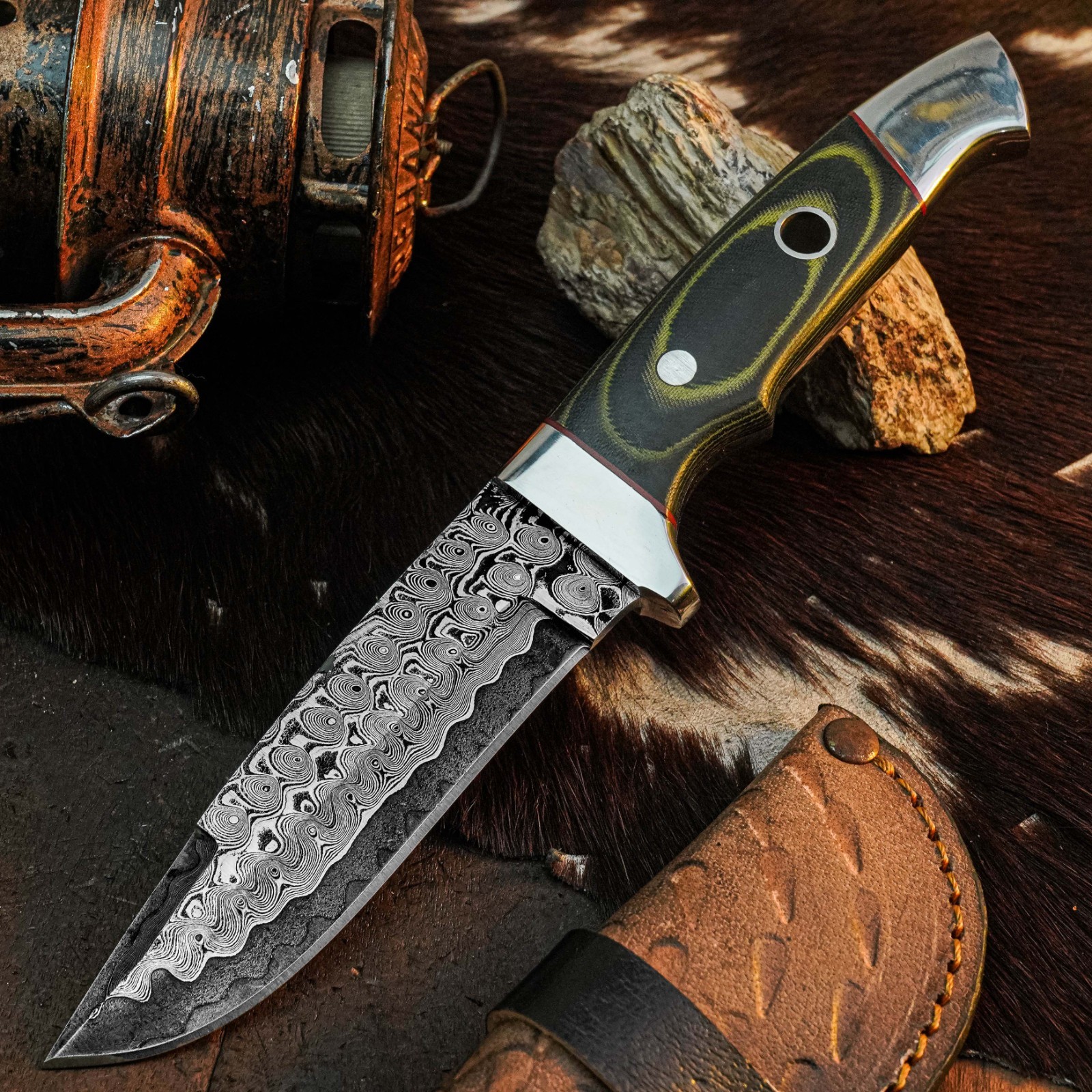 8.8″ Clip Point Knife Damascus Steel Hunting EDC Full Tang Blade Micarta Handle