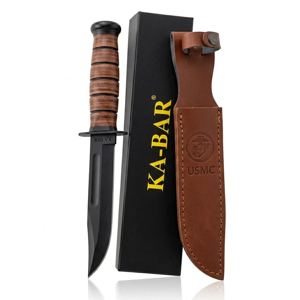 KA-BAR USMC 1217 Straight Edge Fighting Combat Knife Leather Handle & Sheath NEW