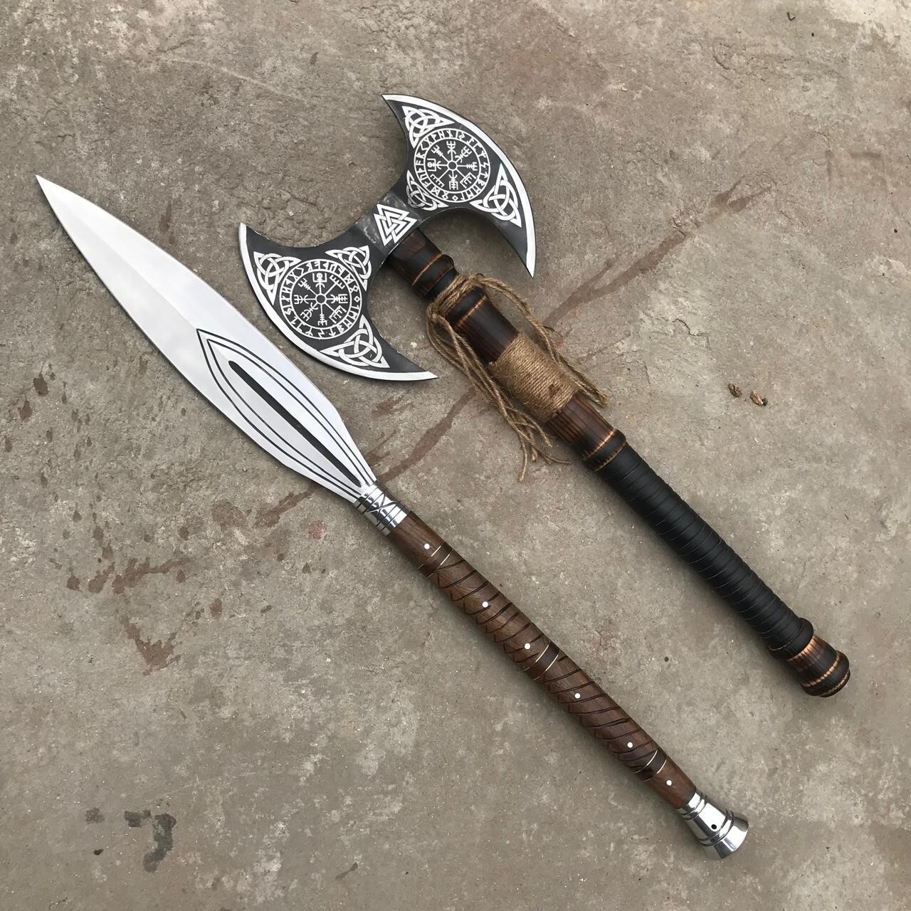 Artisanal Forged D2 Tool Steel Viking Hunting Spear with Viking Double Head Axe