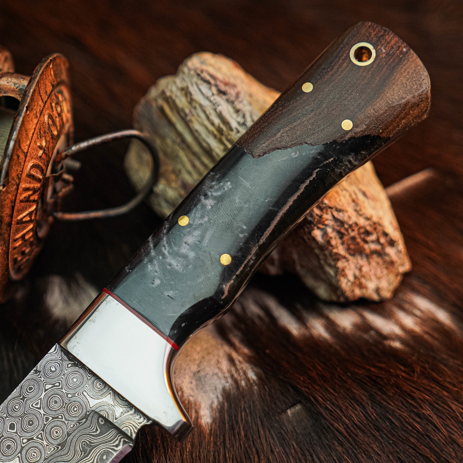 8.8″ Bushcraft Camping Damascus Knife Handmade Full Tang Wood Handle +Sheath