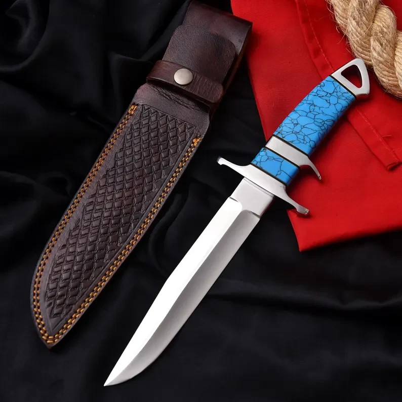 HANDMADE D2 STEEL SUB-HILT KNIFE | BLUE TURQUOISE HANDLE |GENUINE LEATHER SHEATH