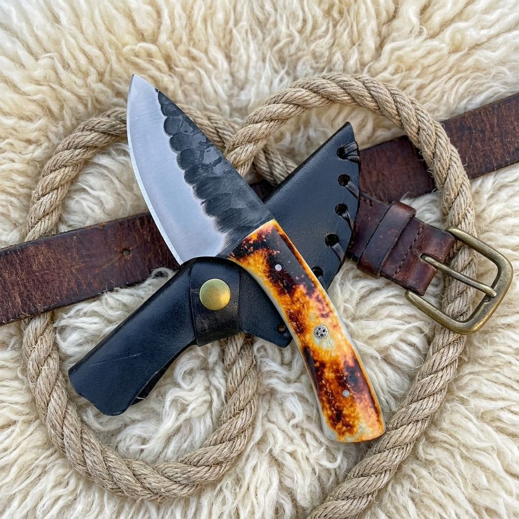 7inch Skinner Hunting Knife with Sheath, Forged Blade EDC Bone Handle