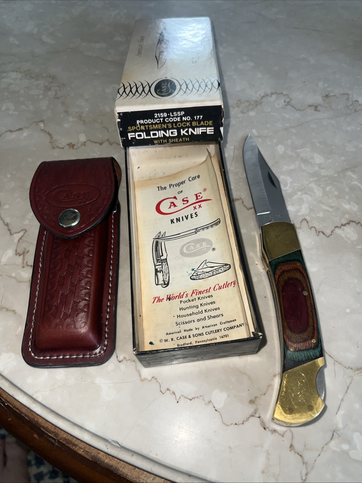 Very Rare Case XX Lock Blade 2159-LSSP Folding Knife, Sheath & Box Number 177