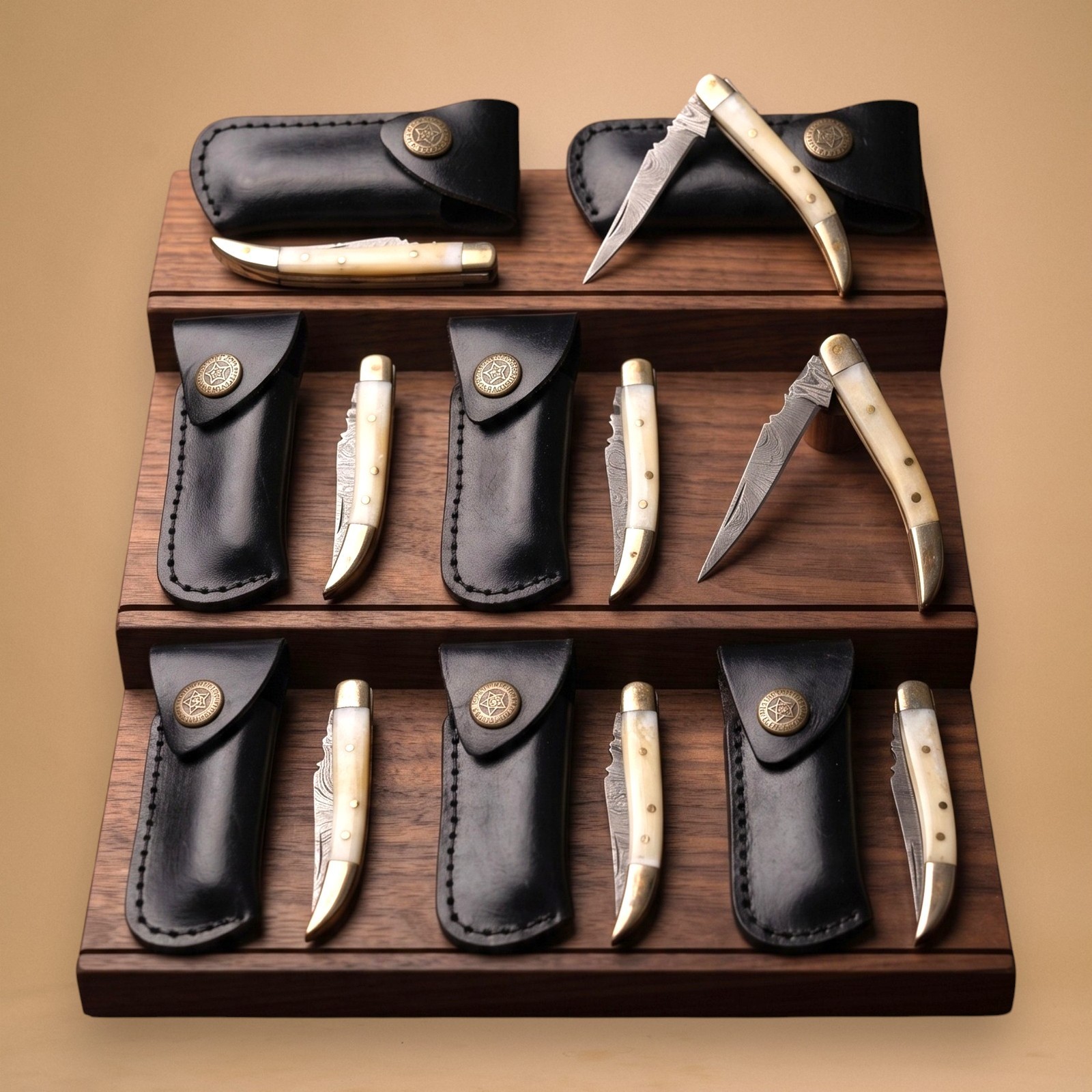 Wholesale Lot 8 Damascus Pocket Knives Camel Bone Gentleman Folder With Sheath