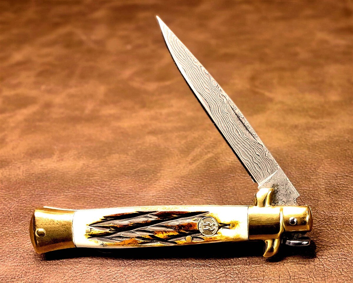 Kissing Crane Burnt Bone Real Damascus Stiletto Manual Folding Pocket Knife