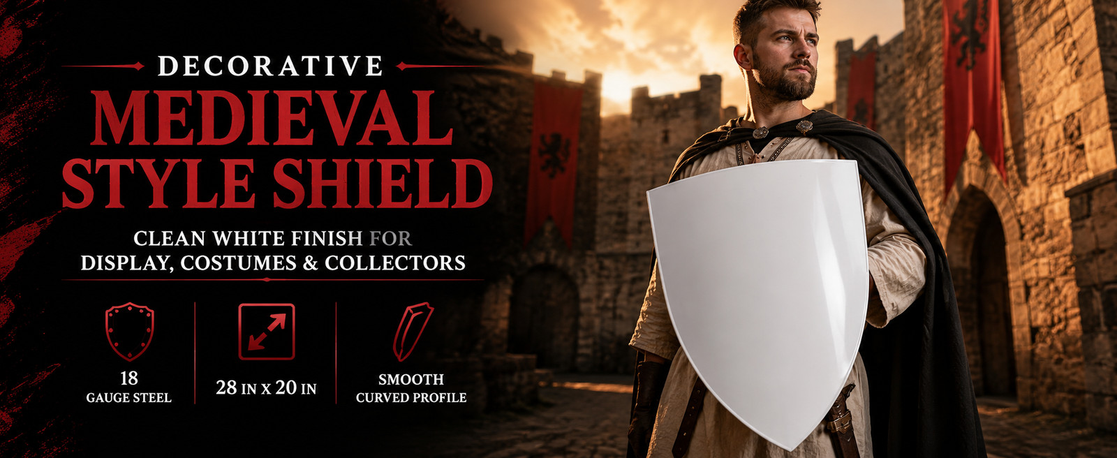 Medieval Decorative Shield 28″ 18 Gauge Steel Curved Wall Display Armor Prop