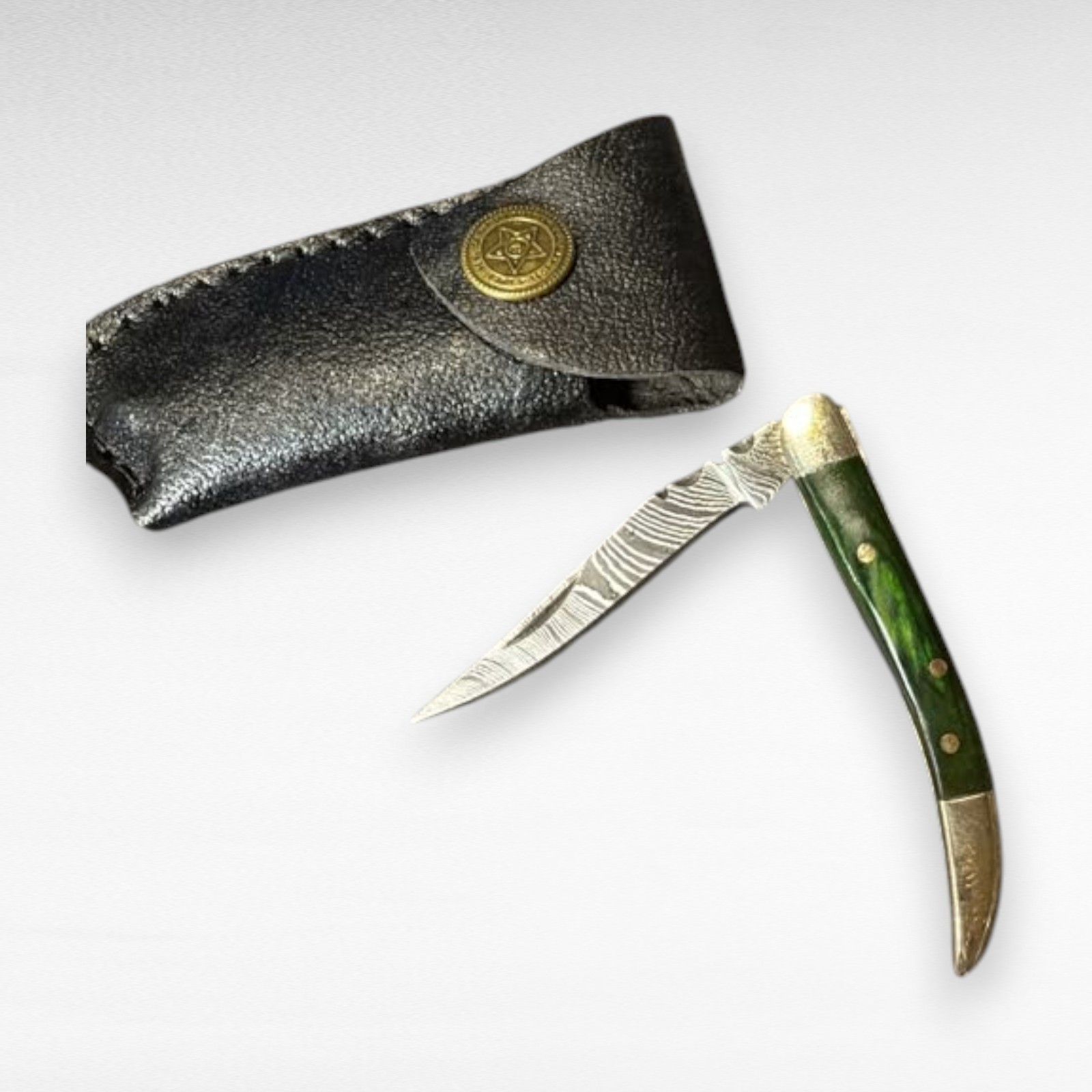 Lot 20 Damascus Pocket Knives Green Wood Brass Slipjoint Folding Knives & Sheath