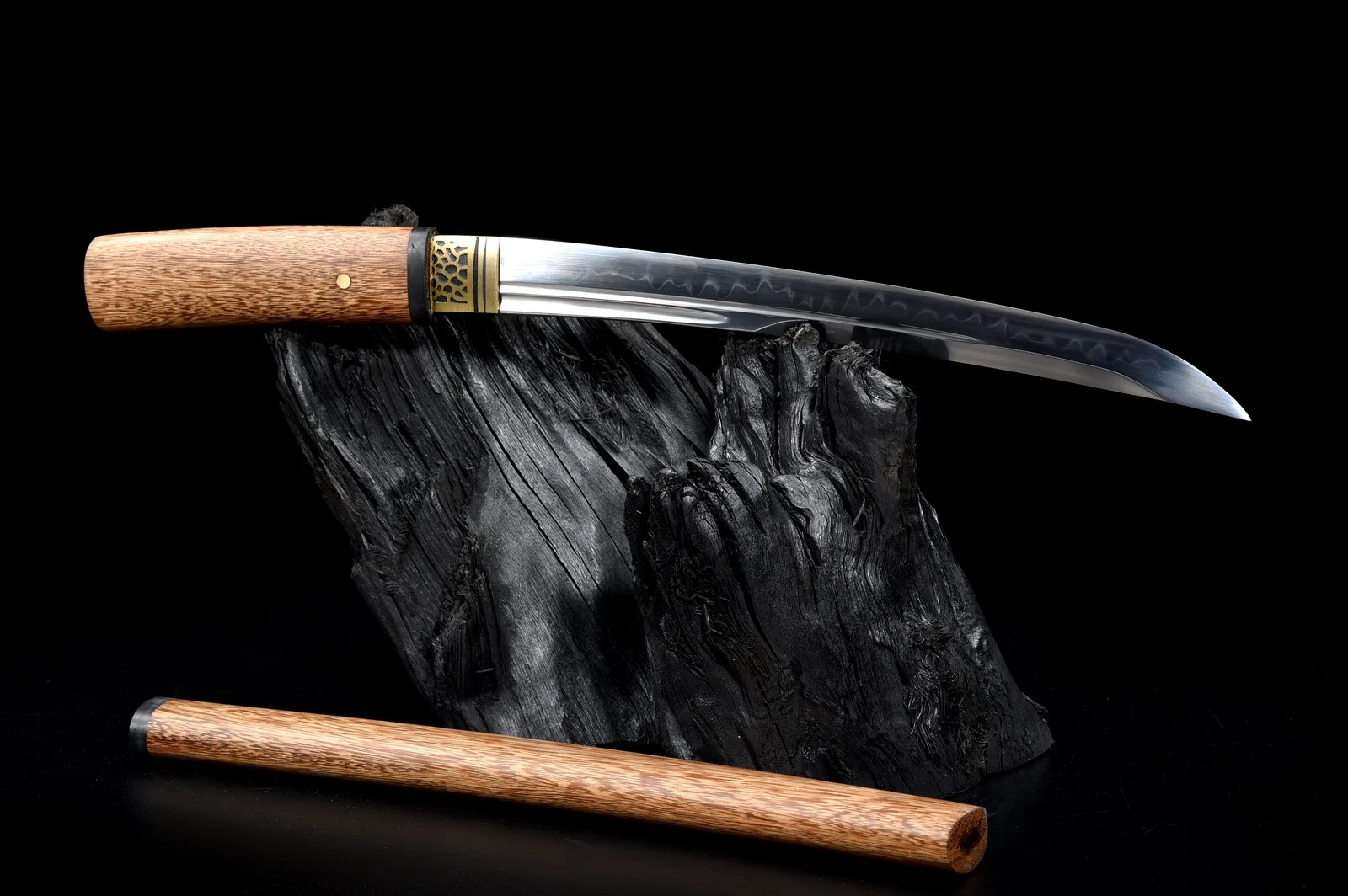 New Japanese Tanto (short Katana) clay-tempered Hamon, Samurai Sword Wakizashi