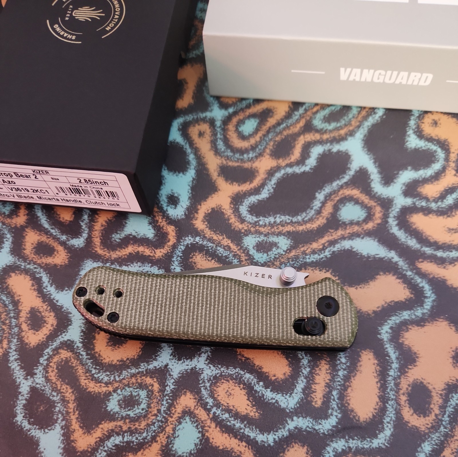 Kizer Cutlery Drop Bear 2 Green Micarta Folding Nitro-V Pocket Knife V36192KC1