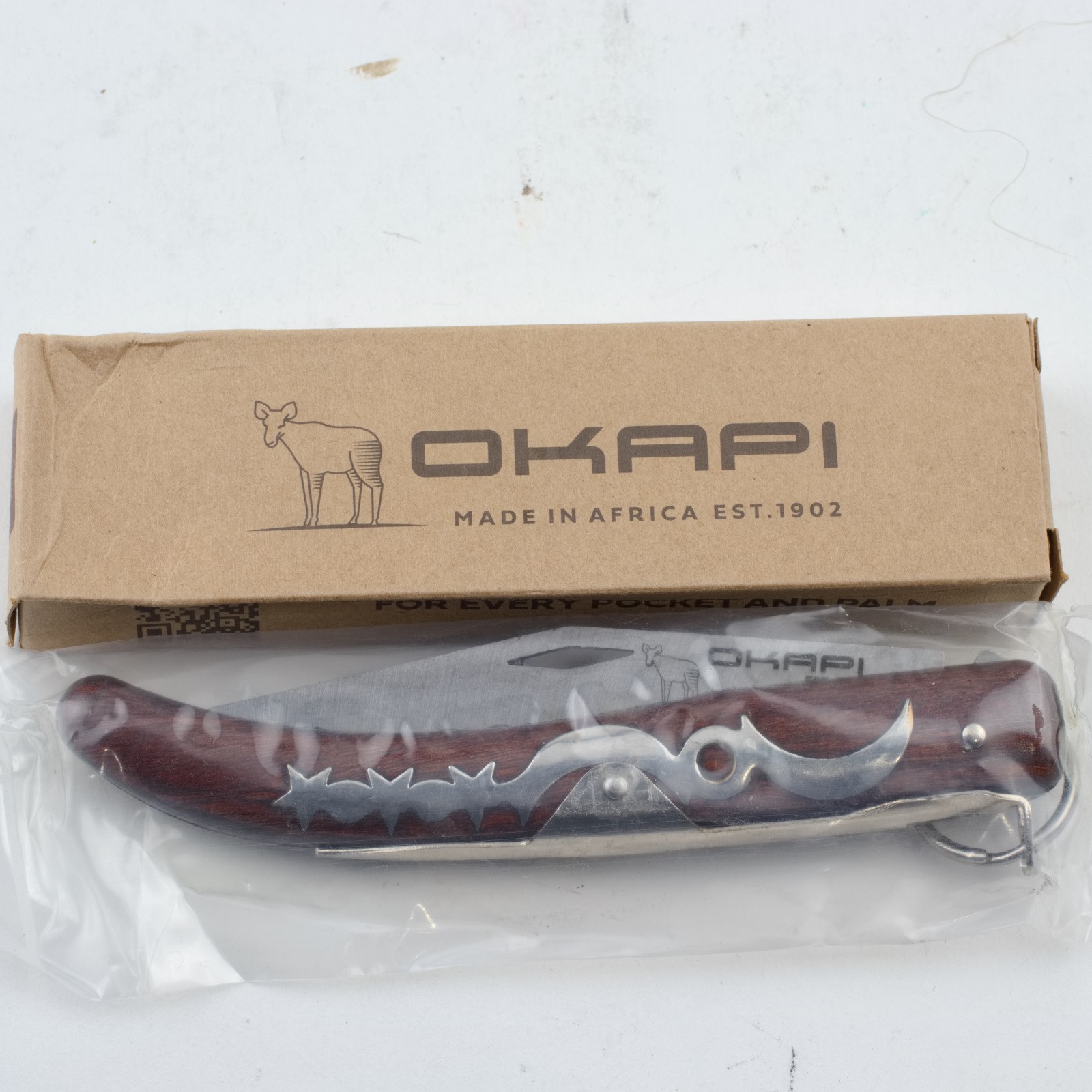 Okapi Keyring Lock Brown Wood Folder Pocket Knife 5.5″ Closed 1075HC Steel