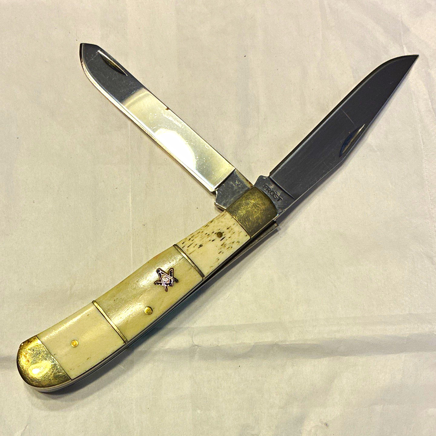 Frost Masonic 2-Blade Slipjoint Manual SS Bone Handle Pocketknife Under 2.75in