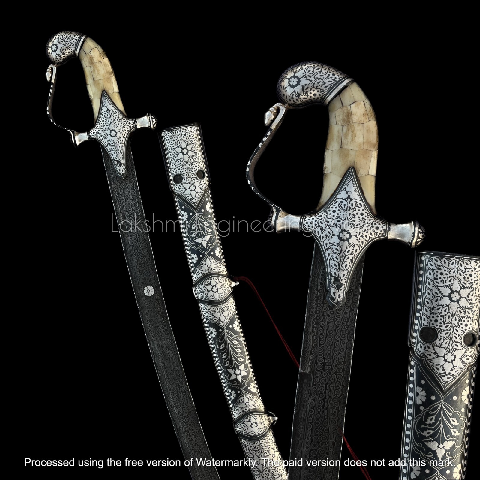 Damascus Steel Blade Sword, Arabian Kilij Sword, Silver Kofthgirii , bone hilt