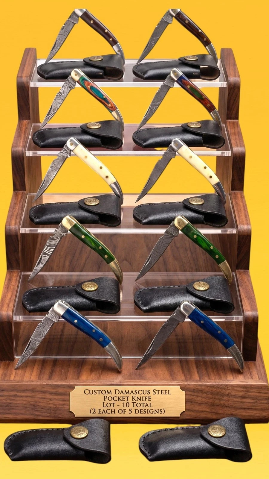 10x Damascus Folding Knife Lot Custom Pocket Knives Bone Wood Handle with Sheath