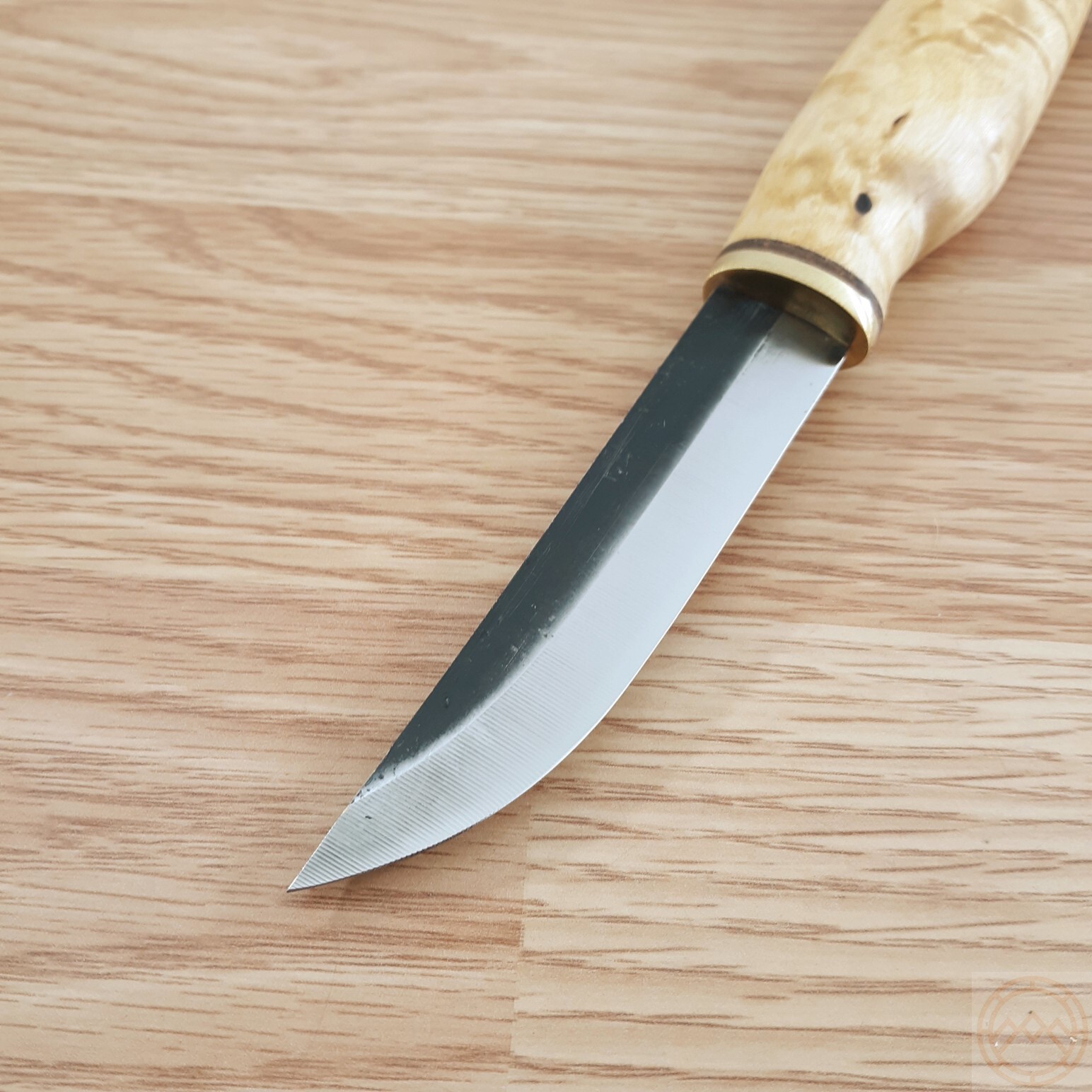 Wood Jewel Set Fixed Knife Carbon Steel Blade Curly Birch Handle w/Brown Sheath