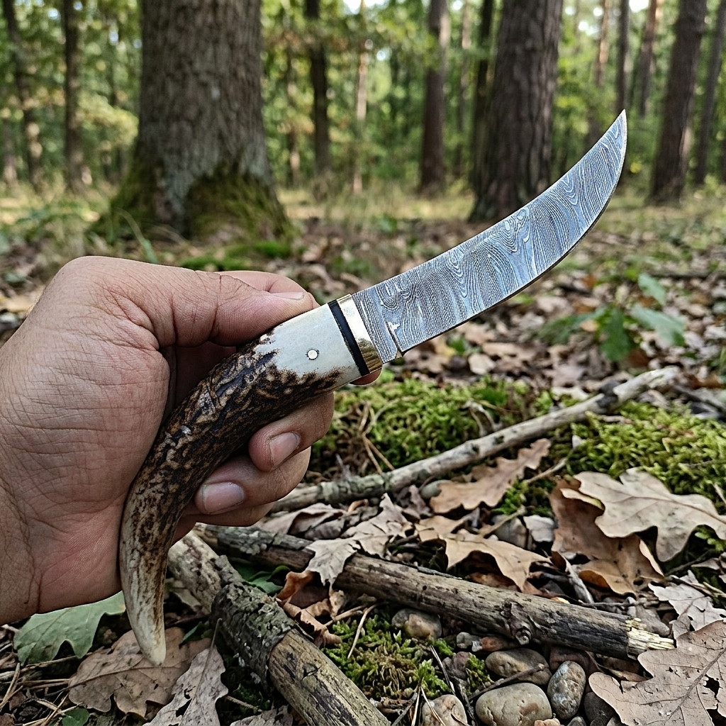 8 in Handmade Damascus Steel Hunting Skinner Knife Stag Handle Cross Draw Sheath