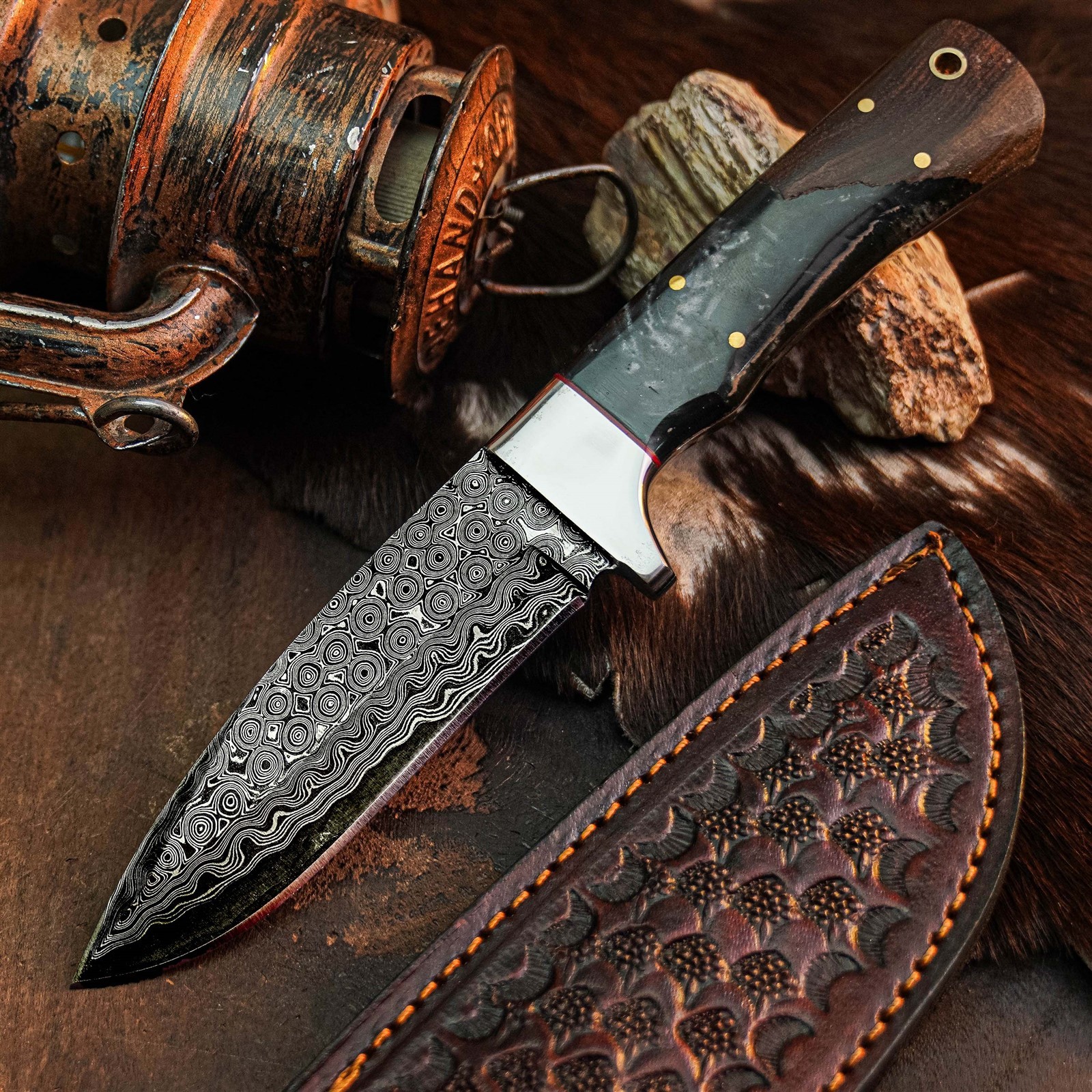 8.8″ Bushcraft Camping Damascus Knife Handmade Full Tang Wood Handle +Sheath