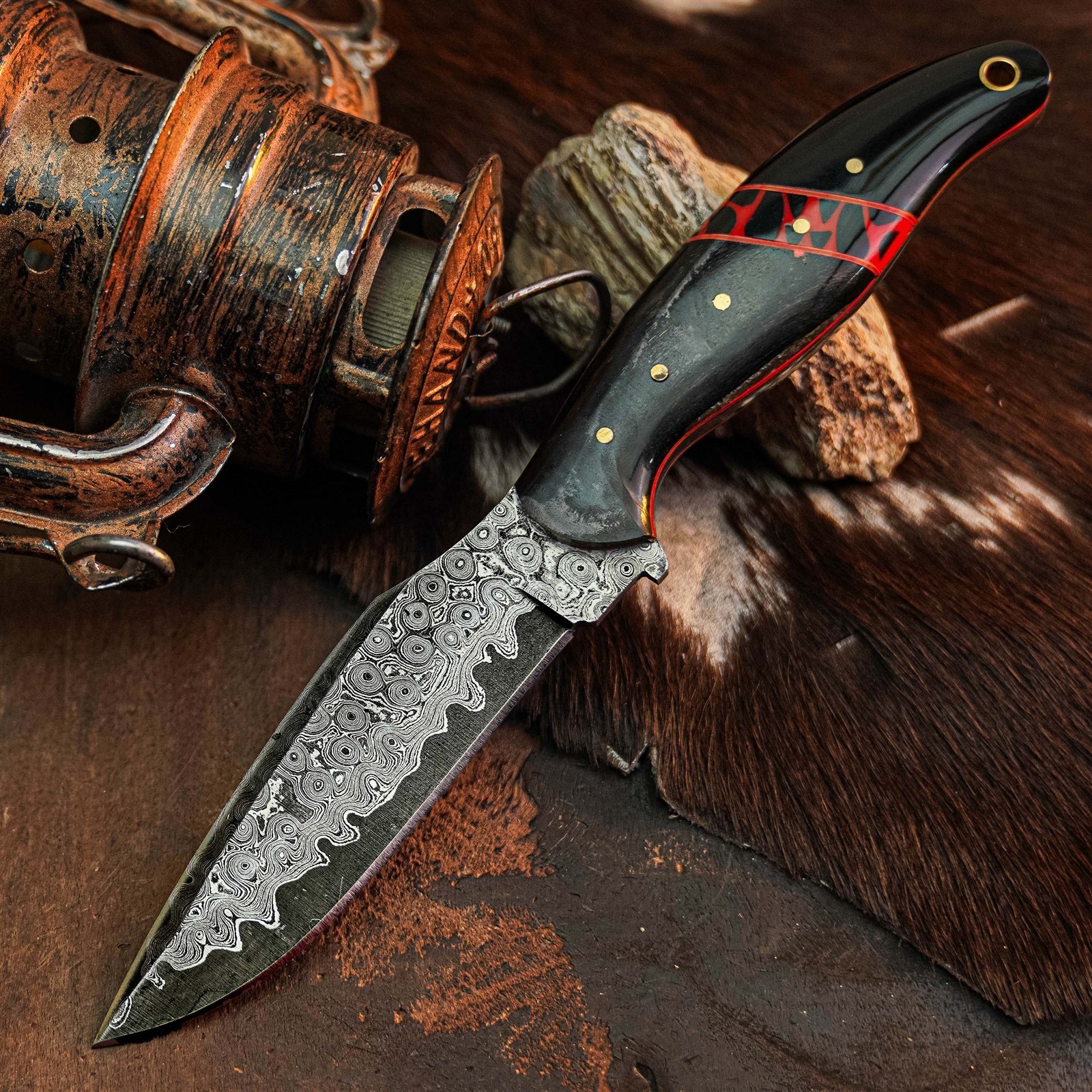 8.9″ Camping Bushcraft Damascus Knife Handmade Full Tang Horn Handle +Sheath