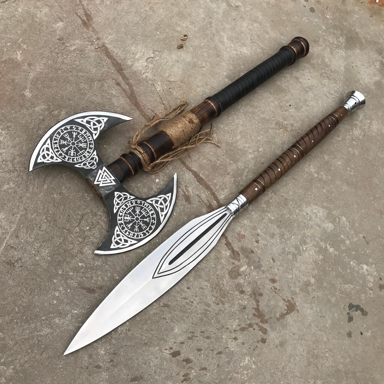 Artisanal Forged D2 Tool Steel Viking Hunting Spear with Viking Double Head Axe