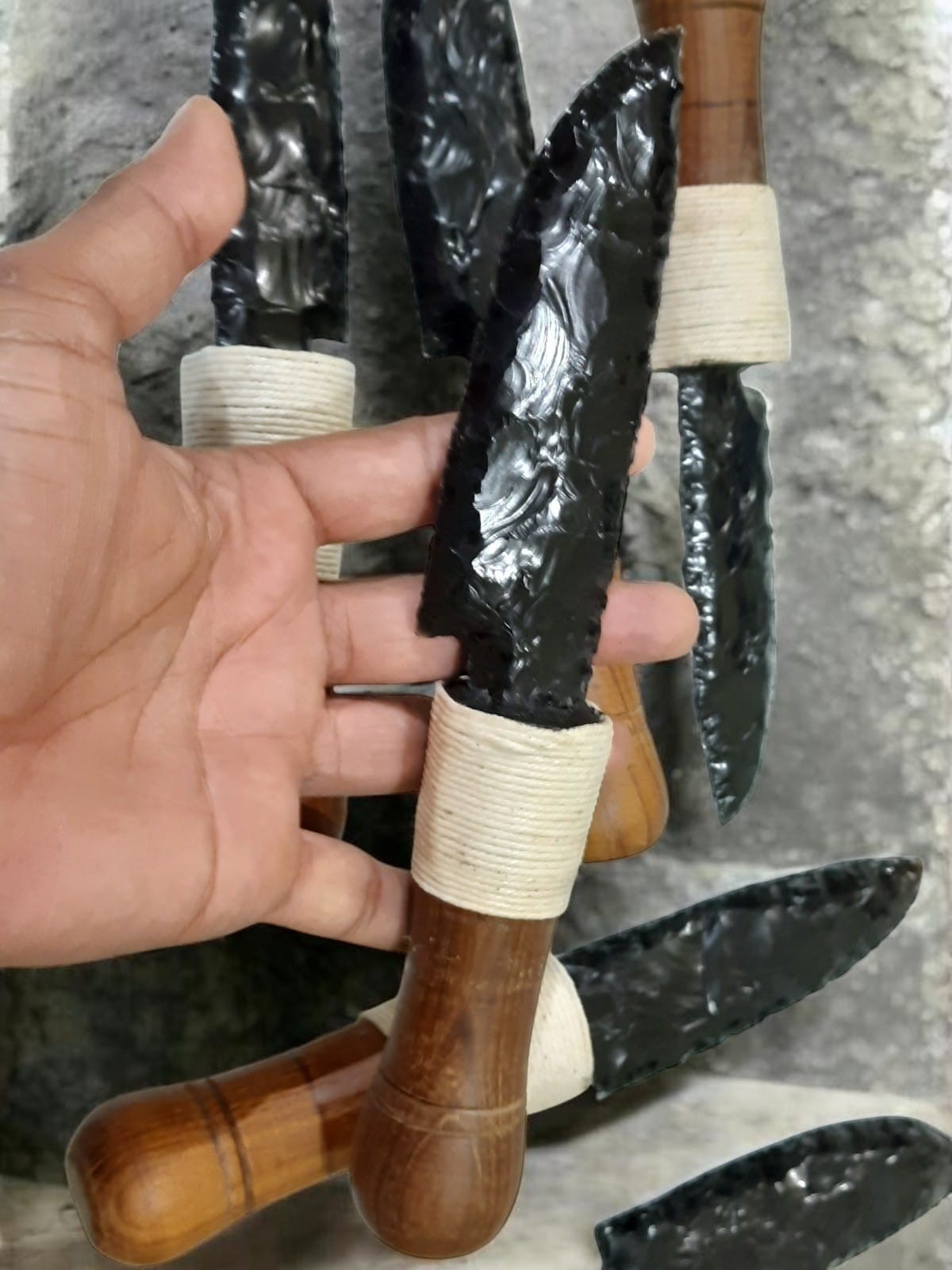9” Obsidian Knife Handcrafted Wooden Handle Razor Sharp Primitive Display Blade