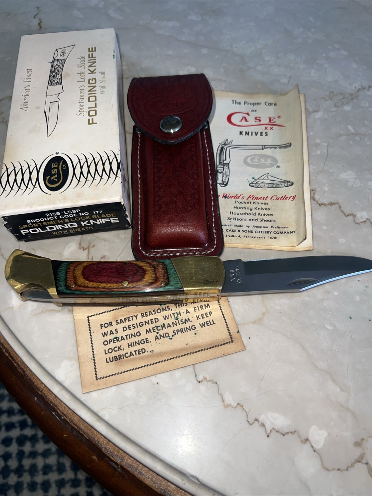 Very Rare Case XX Lock Blade 2159-LSSP Folding Knife, Sheath & Box Number 177