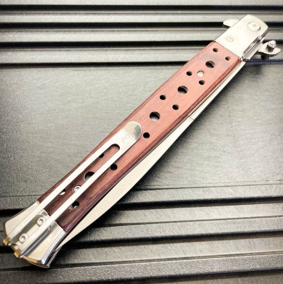 13″ Classic Extra Large Brown Wood Spring Assisted Open STILETTO Pocket Knife