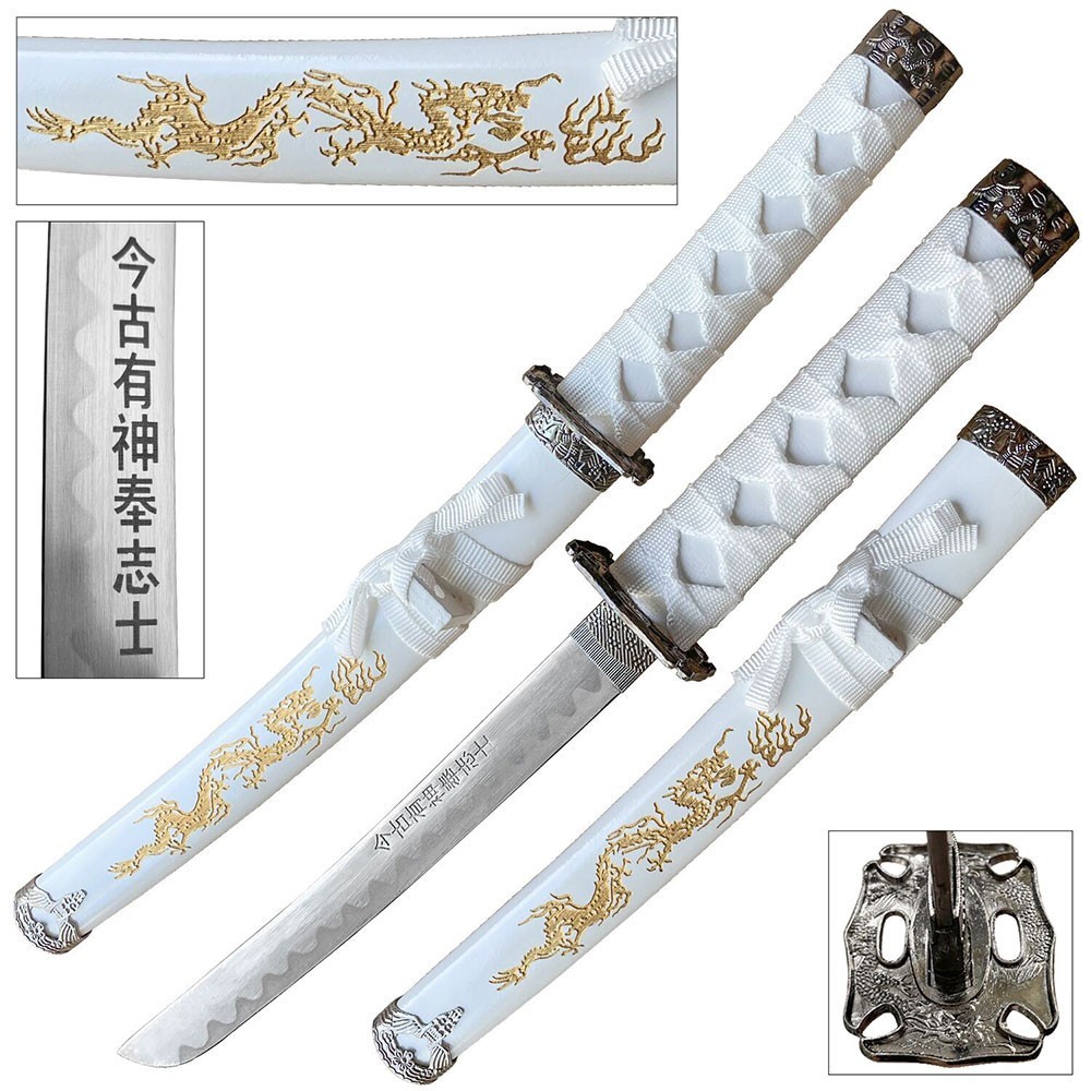 Tanto 21″ Sword w/ Gold Dragon Engraved White Scabbard