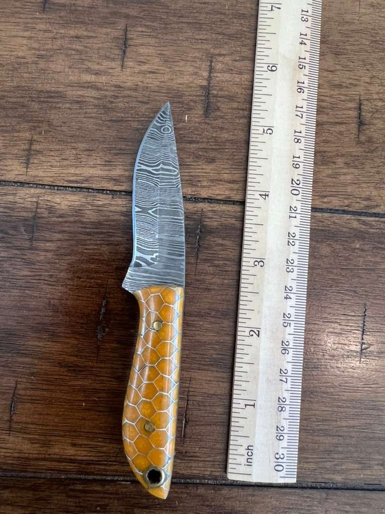 5.5″ CUSTOM EDC HANDMADE DAMASCUS NECK KNIFE W/ HONEYCOMB HANDLE & SHEATH 52.02